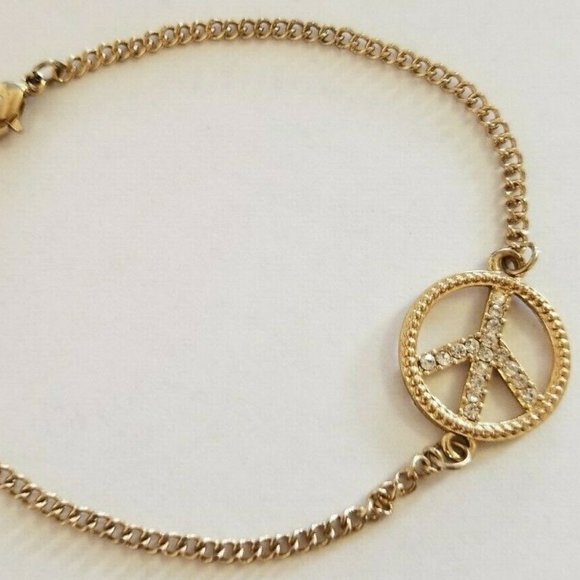 Goldtone PEACE SIGN with Rhinestones Bracelet - Picture 2 of 5